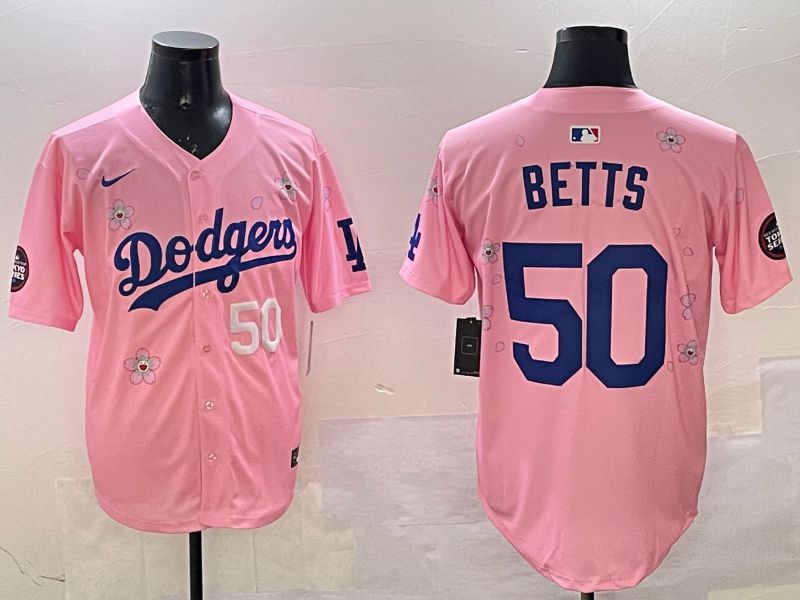 Men Los Angeles Dodgers #50 Betts Pink Sakura Edition 2025 Nike MLB Jersey style 6